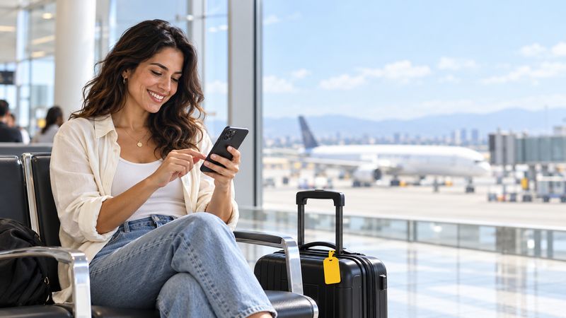 A traveller setting up an eSIM on her phone before boarding.