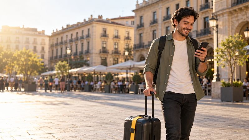 A traveller connected on arrival in a European city.