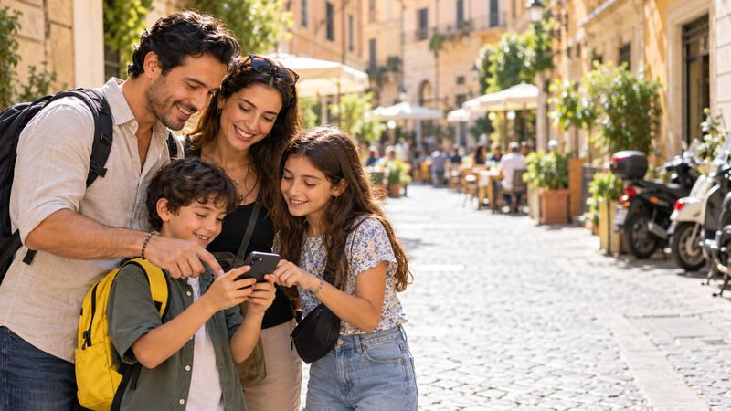 A family checking a phone while travelling in Europe.