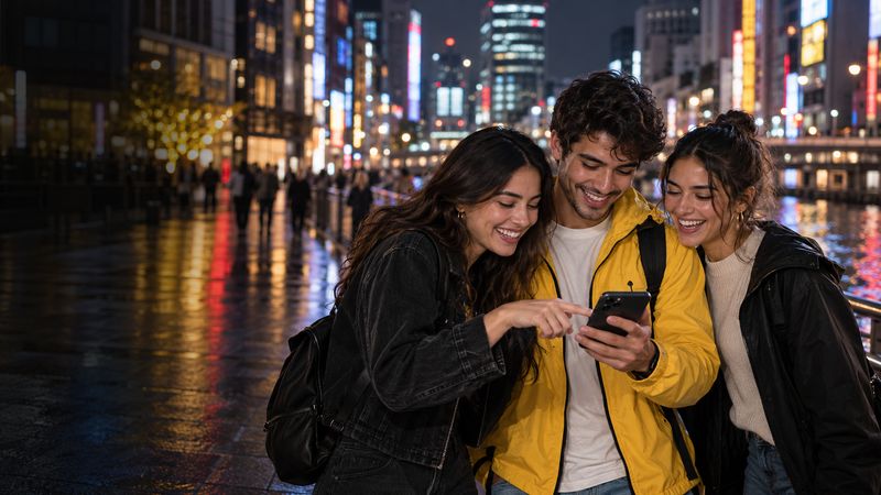 Friends using their phones on a night out in Tokyo.