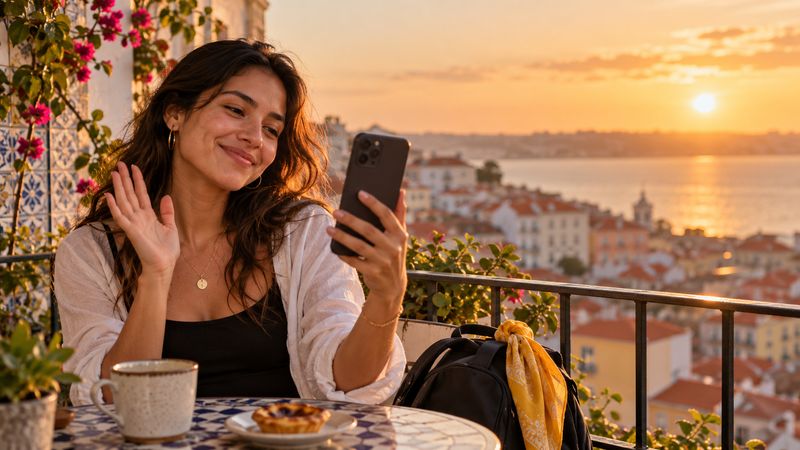A traveller on a video call home from Lisbon at sunset.